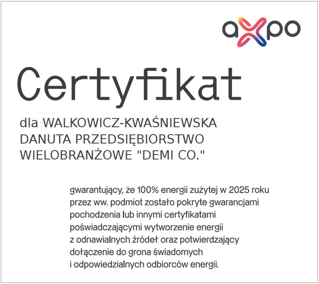 Certyfikat Zielonej Energii od Axpo dla Demi Co 1